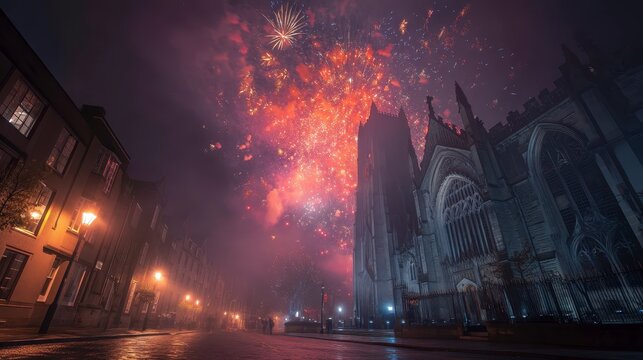 Fireworks above a gothic cathedral glowing in the night, cinematic fantasy, 
