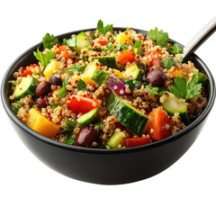 Delicious quinoa salad with fresh vegetables in a black bowl a healthy and vibrant dish perfect for lunch or dinner showcasing colorful ingredients on transparent background