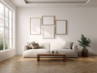 A living room with a white couch and a coffee table