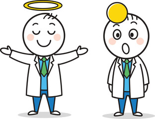 Cartoon scientist character showing calm confidence with halo and surprised expression with yellow circle, depicting emotions and professional attitude.