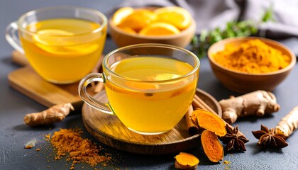Two cups of golden turmeric tea with oranges, ginger, cinnamon, and other spices on a dark gray surface