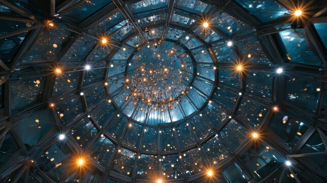 Fireworks bursting inside a crystal dome ceiling, surreal architecture,