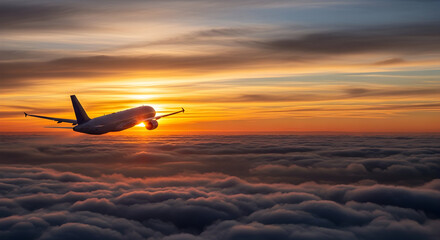 Airplane soaring above clouds at sunset embodying freedom and adventure with dramatic orange sky