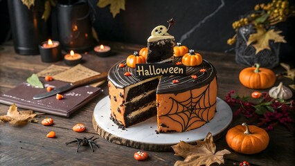 High-quality Halloween cake photo with black and orange icing, fondant pumpkins, candy bats, spider webs, and festive topper on rustic table. Dark moody background with candles, autumn leaves, and min