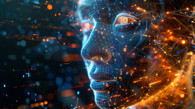 A futuristic profile of a digital human face made of a glowing blue wireframe, surrounded by streams of data.