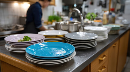 A colorful array of stacked plates in a modern kitchen showcases stunning culinary design, hinting at the artistic presentation of meals prepared within this vibrant space.