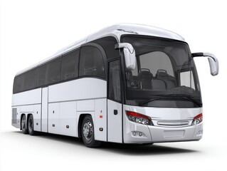 A modern, light gray coach bus is displayed against a plain white background, showcasing its sleek design and spacious interior.