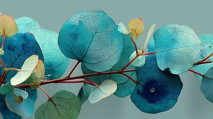 Vibrant Blue Eucalyptus Leaves with Intricate Veins and Unique Textures on a Solid Background