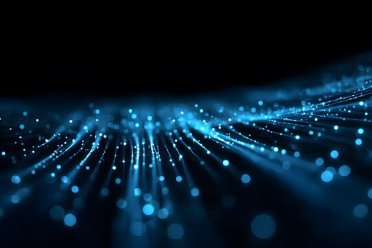 Abstract blue background with glowing light lines and dots on a dark background, a technology concept for digital design.