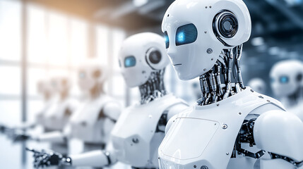 Fototapeta premium Row of Advanced Humanoid Robots in a High-Tech Environment