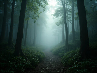 Obraz premium “Cinematic documentary-style photo of a narrow trail winding through tall fog-covered trees, soft natural morning light filtering through branches, HD photorealistic textures.”