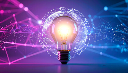 Innovative light bulb design illuminating a futuristic digital network, symbolizing creativity and bright ideas