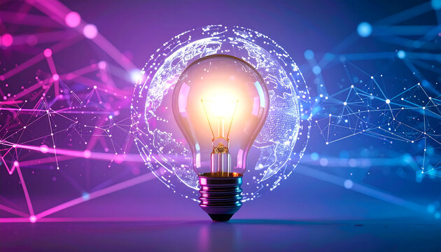Innovative light bulb design illuminating a futuristic digital network, symbolizing creativity and bright ideas - Powered by Adobe