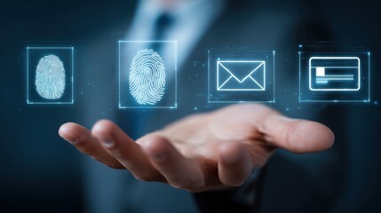Digital Security in Hand: A person's hand gracefully presents four glowing digital icons representing security measures. Envision the future of security with data protection.