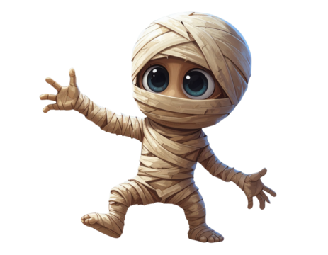 Small Friendly Mummy Character in Tan Bandages, Transparent PNG