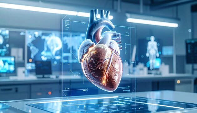 Augmented reality human heart anatomy model displayed in high-tech medical lab, Generated with AI.