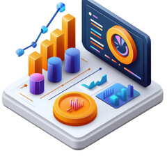 Isometric data analysis platform displaying financial charts graphs and business analytics for strategic decisionmaking and investment insights on transparent background