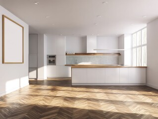 Obraz premium A kitchen with a white counter and a wooden island