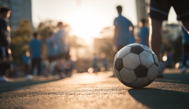 Soccer players playing outdoors at sunset