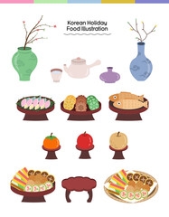 Korean Traditional Holiday Food Table Illustration Set