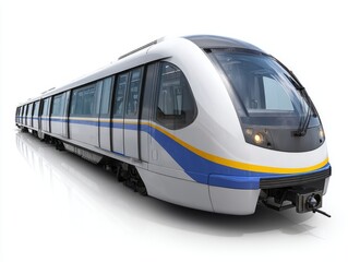 Fototapeta premium A modern light rail train, sleek and stylish, is prominently displayed against a pure white background.