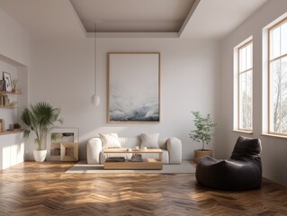 Fototapeta premium A living room with a white couch, a coffee table, and a potted plant