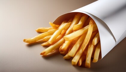 crispy golden french fries in white bag