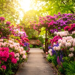 Springtime garden path with vibrant flowers