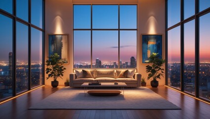 Sophisticated minimalist living room boasts expansive offe a breathtaking high fidelity cityscape view at twilight, ly defined