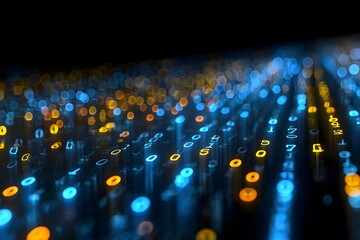 Digital background featuring blue and yellow numbers on a black backdrop, creating an abstract representation of data flow with bokeh lights.