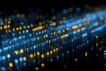 Digital background featuring blue and yellow numbers on a black backdrop, creating an abstract representation of data flow with bokeh lights.