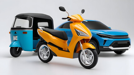 Naklejka premium A modern, energy-efficient motor scooter in a vibrant yellow and blue color scheme, designed for convenient and maneuverable urban transportation.