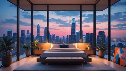 Fototapeta premium Luxurious modern bedroom boasts a panoramic city view at dusk, showcasing an elegant interior design with upscale furnishings and high fidelity