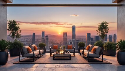 Sophisticated outdoor lounge boasts high fidelity style with 0(3) enhancements and v2 4x ening against the backdrop of a vibrant cityscape.
