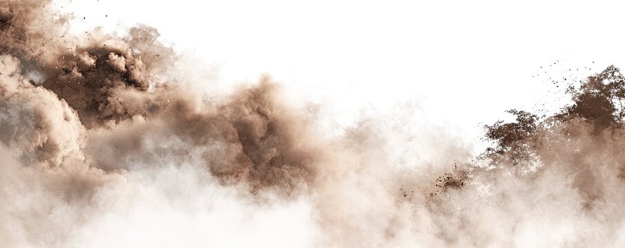 Brown, smoky, cloud-like debris against a white background
