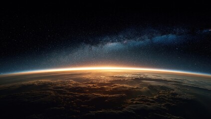 Obraz premium Earth rising above clouds, with a view of the Milky Way