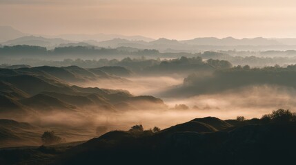 Misty silent hills at dawn covered in fog, cinematic landscape style
