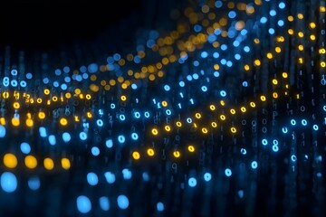 Digital background featuring blue and yellow numbers on a black backdrop, creating an abstract representation of data flow with bokeh lights.