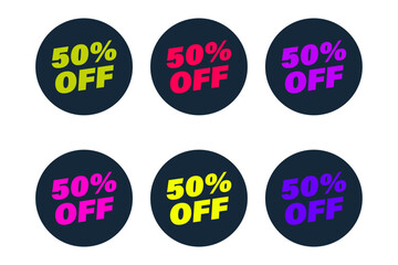 various 50% off discount badges in circular shape