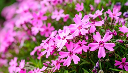 Obraz premium A vibrant display of delicate pink flowers fills the image, showcasing a close-up view of numerous blooms in various stages of opening.