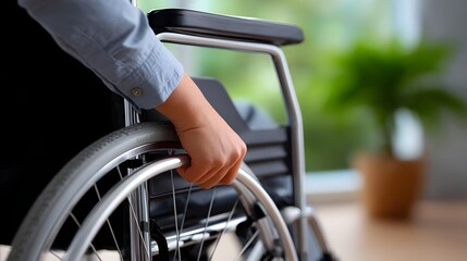 A person's hand gripping the wheel of a wheelchair in a cozy, home-like setting with potted plants, suggesting a comfortable, supportive environment for those with mobility challenges.