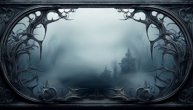 gothic frame with dark decorative corners and ghostly fog