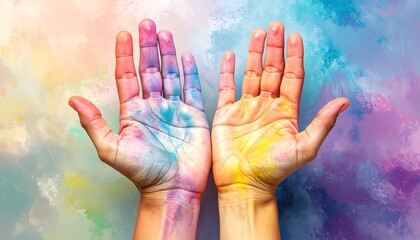 Two hands painted with vibrant colors, reaching upwards against a colorful abstract background