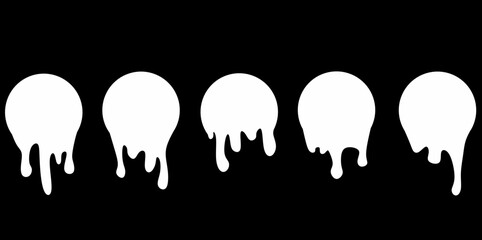 Dripping milk icon. Set of white round shapes with dripping liquid texture on a black background. Isolated vector illustration.