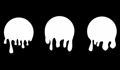 Dripping milk icon. Set of white round shapes with dripping liquid texture on a black background. Isolated vector illustration.