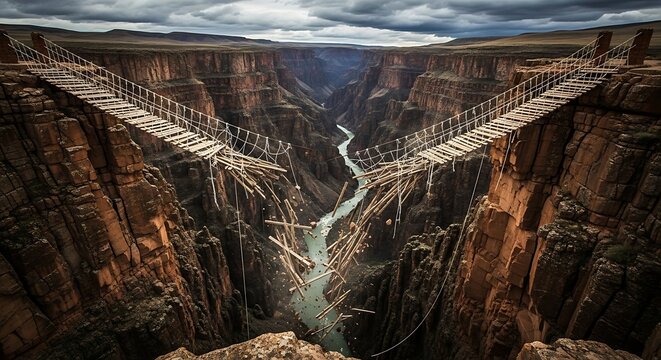 Suspension bridge across a canyon symbolizes broken connections and challenge