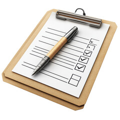 Clipboard with checklist and pen shows completed tasks ideal for project management todo lists and organizational efficiency in business settings on transparent background