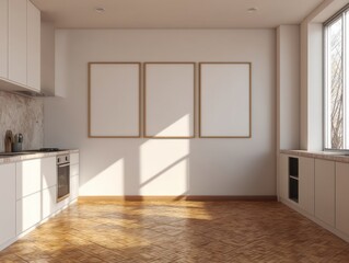 Fototapeta premium A kitchen with a window and three empty picture frames on the wall