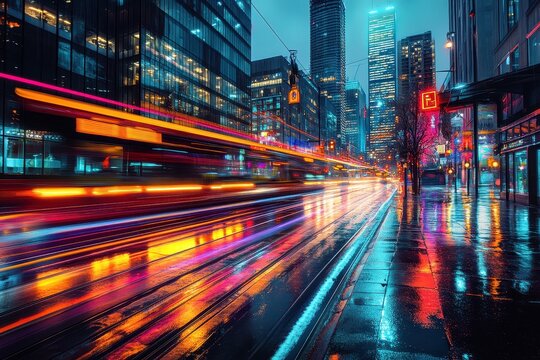 A city street with a bus and a bus on it - Powered by Adobe