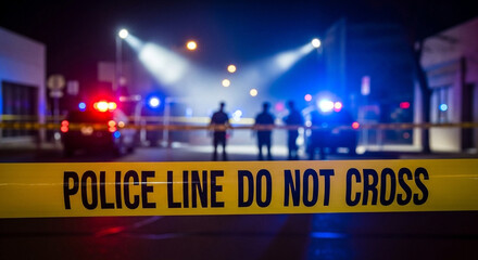 Police line do not cross tape with officers and patrol cars at night crime scene investigation in progress